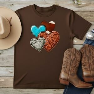 Western Hearts Graphic Tee Cowhide Turquoise Tooled Leather Shirt • Country Boho